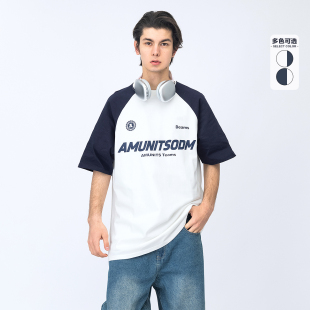 2025夏季 半袖 日系复古撞色插肩袖 T恤男情侣款 上衣 圆领短袖 男装