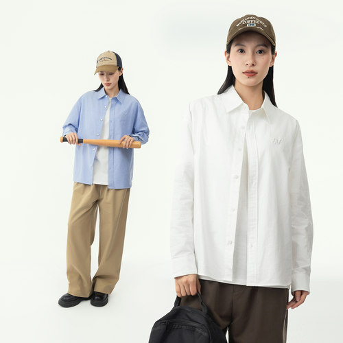 简约白色牛津纺长袖衬衫男女同款