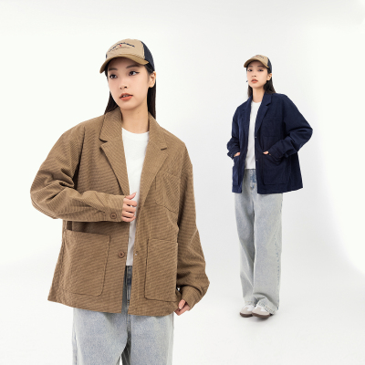 美式复古纯色大口袋华夫格西服