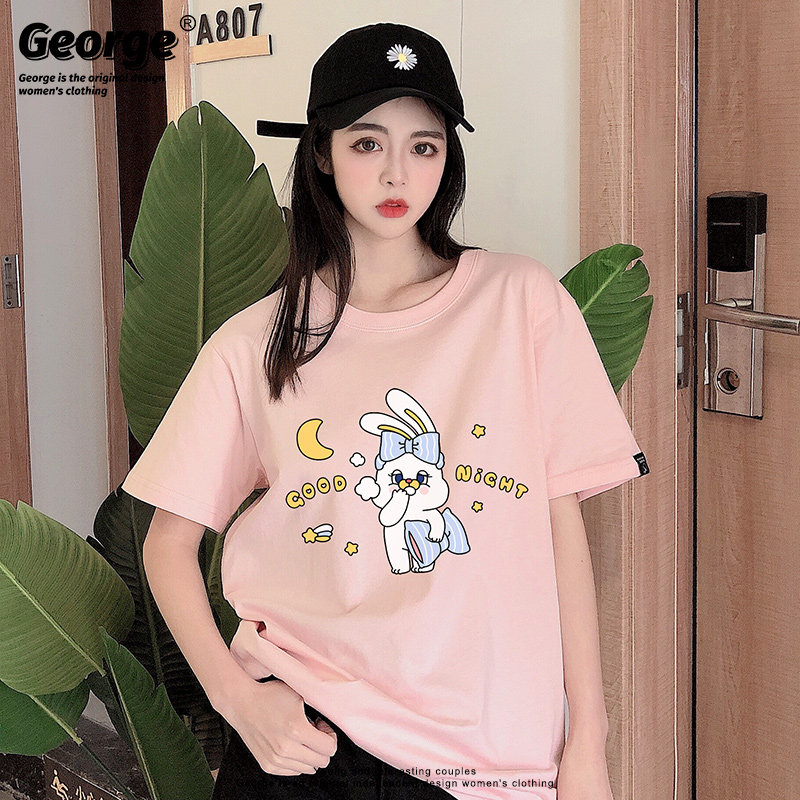 2021新款短袖兔女郎卡通T恤晚安洋气萌系半袖上衣男女学生宽松粉