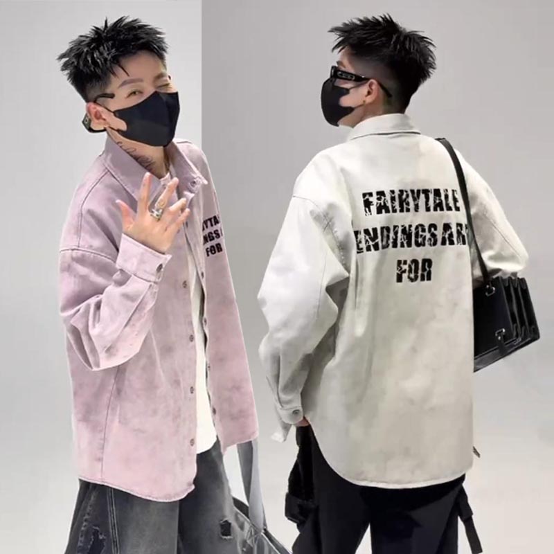 2025秋季时尚潮流韩范字母脏染水洗棉宽松休闲长袖衬衫男衬衣外搭
