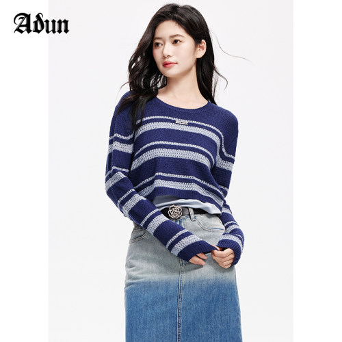 Abun秋季单品韩版圆领时尚条纹上衣套头针织衫女
