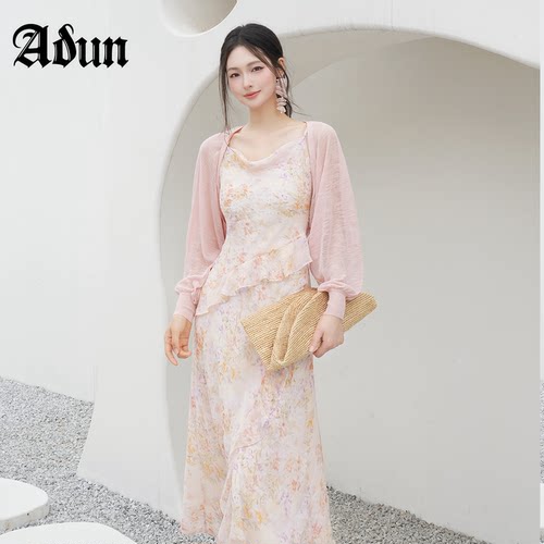 Abun【商场同款】2026年夏季新品碎花荡领吊带不规则荷叶边连衣裙
