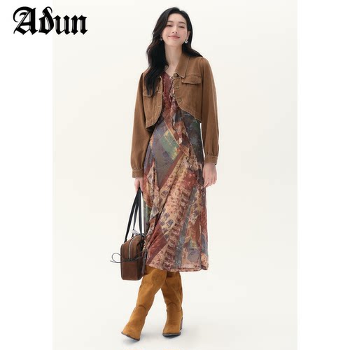 Abun【商场同款】2026秋季新品复古荷叶边v领连衣裙时尚气质