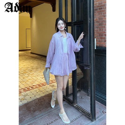 Abun【商场同款】夏季新品淡紫色条纹衬衫短裤纯色吊带套装