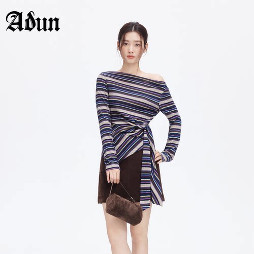 Abun彩色条纹一字肩显瘦针织衫