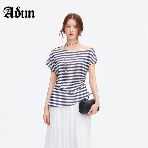 Abun【商场同款】2026年夏季新品韩系纯欲风条纹一字肩上衣