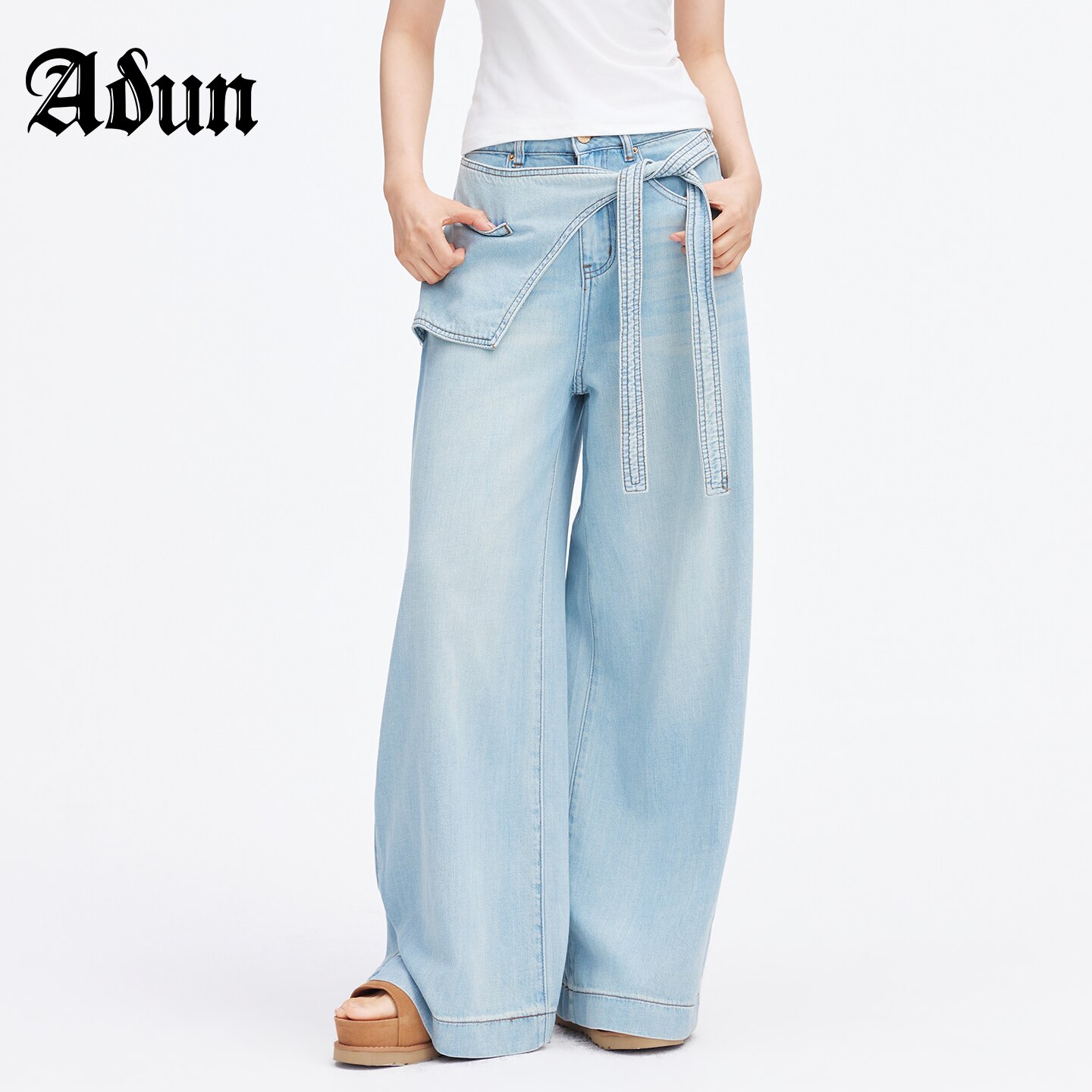 Abun【商场同款】2026年夏季新品蓝色绑带高腰显瘦垂坠宽松阔腿裤