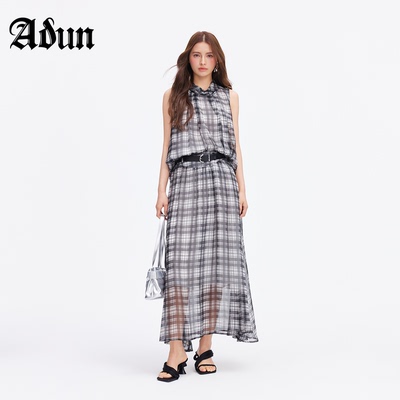 Abun【商场同款】2026年夏季新品格纹无袖上衣高腰显瘦A半裙套装