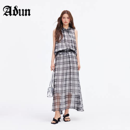 Abun【商场同款】2026年夏季新品格纹无袖上衣高腰显瘦A半裙套装
