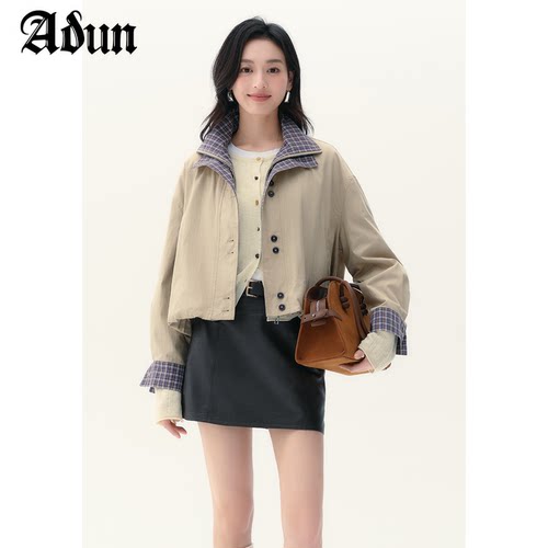 Abun【商场同款】2026秋季新品格纹双领短款外套女设计感小众