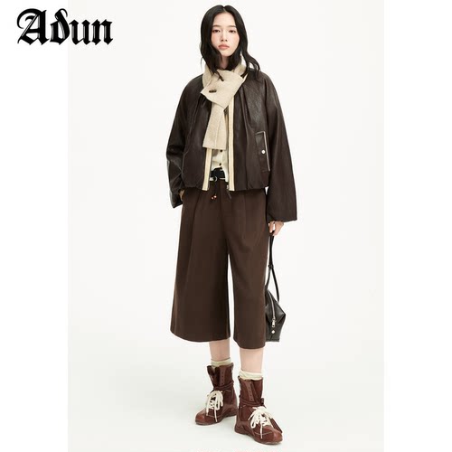 Abun【商场同款】2025年冬季新品针织围脖pu皮羽绒外套女