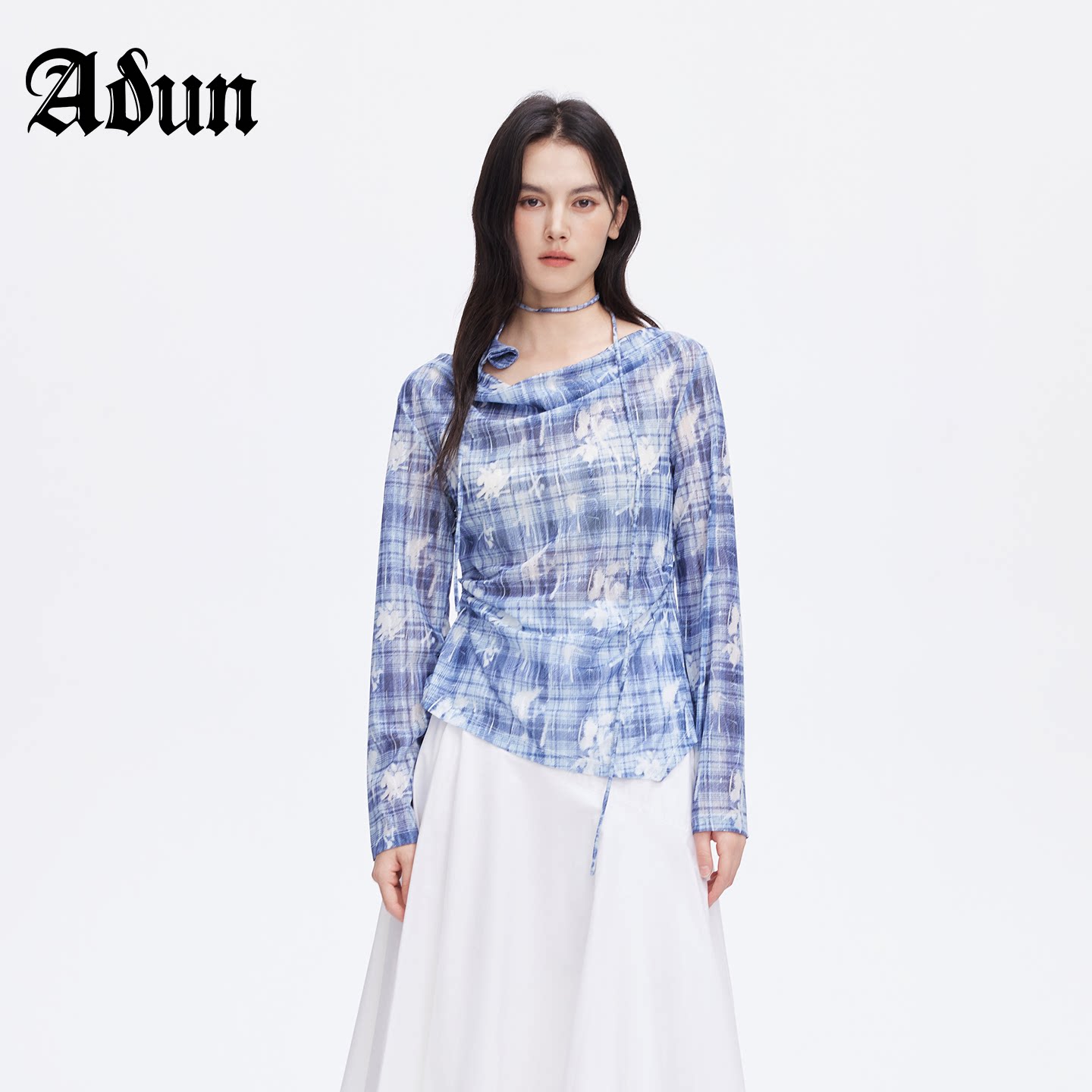 Abun【商场同款】2026秋季新款衬衫蓝格水墨晕染碎花网纱长袖上衣图片