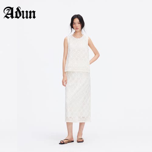 Abun【商场同款】2026年夏季新品温柔风镂空圆领背心直筒半裙套装