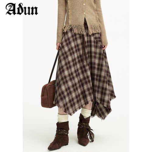 Abun2026冬季新品不规则裙摆格纹半身裙女