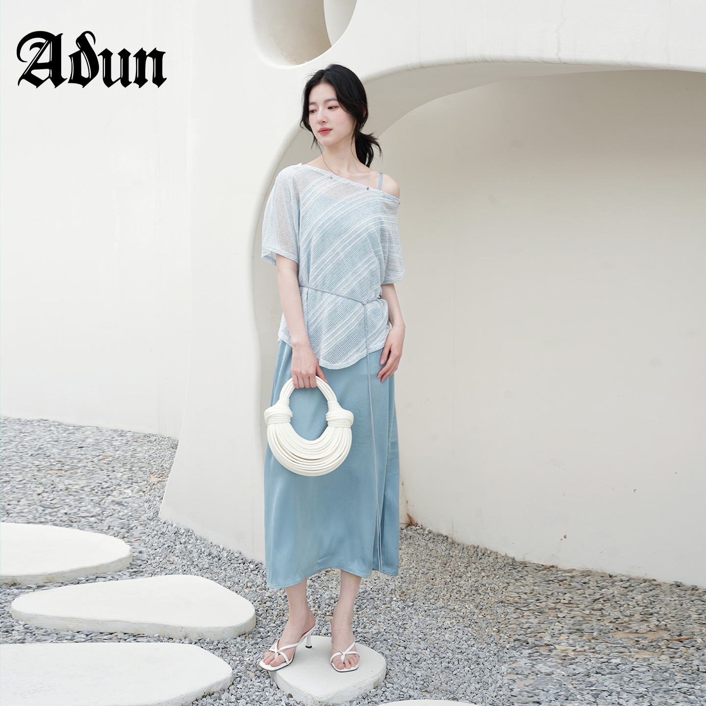 Abun【商场同款】2026年夏季新品露肩针织上衣吊带裙通勤百搭套装