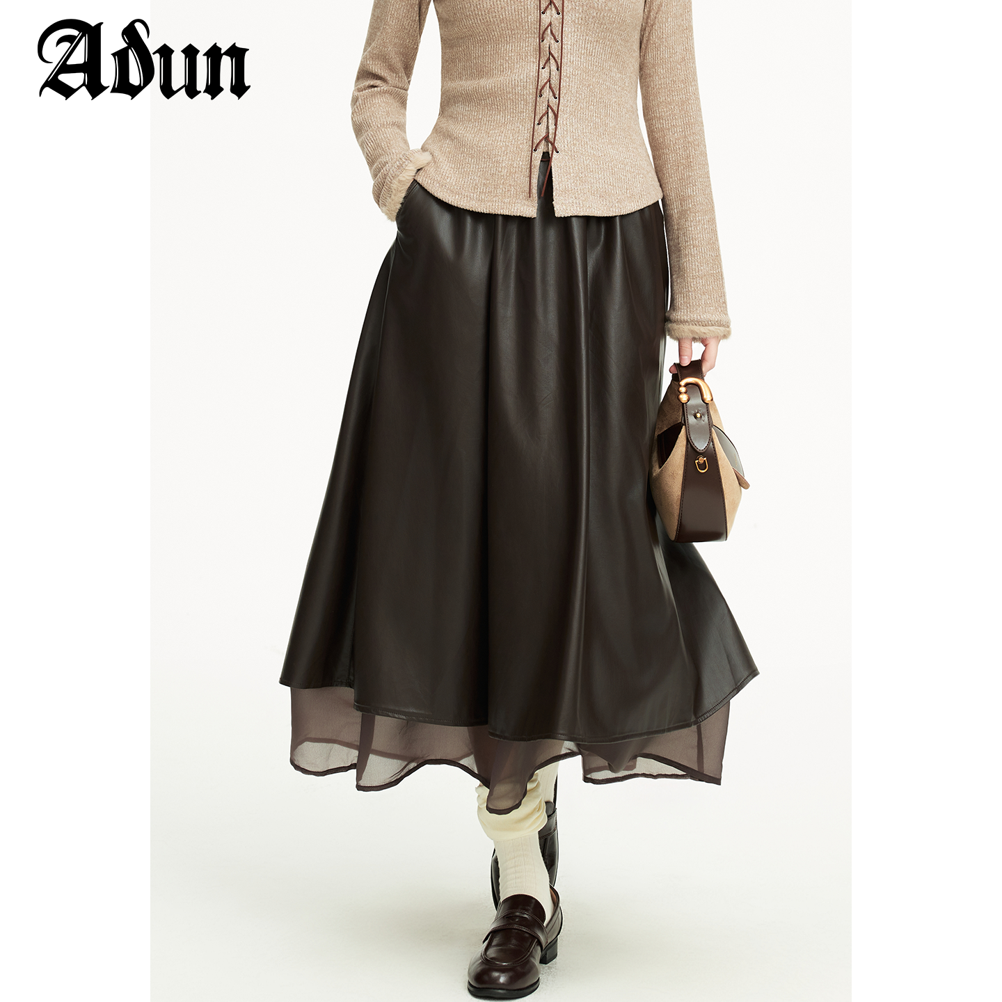Abun【商场同款】2025年冬季新品高腰显瘦网纱拼接半身裙中裙皮裙