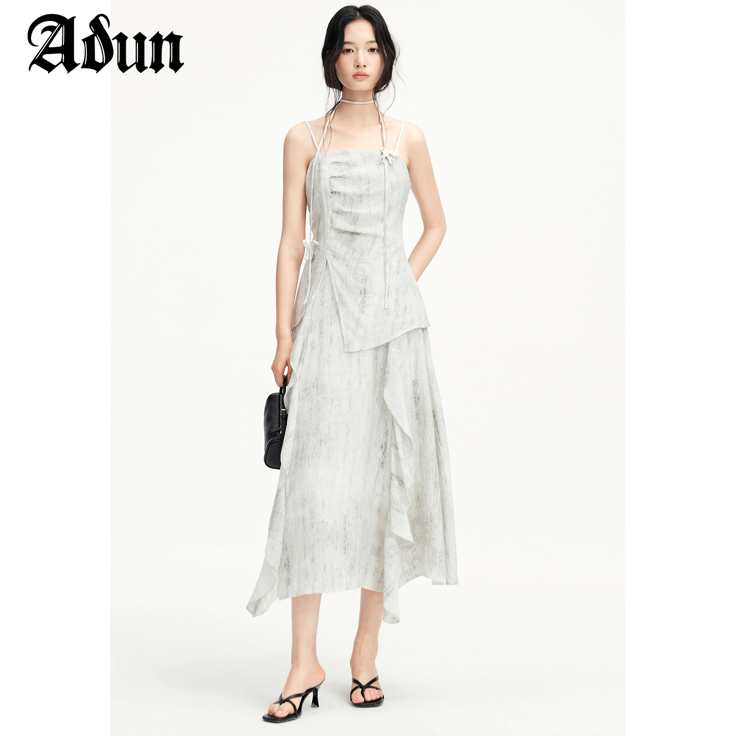 Abun【商场同款】2026年春季新品水墨晕染荷叶边高腰半身套装