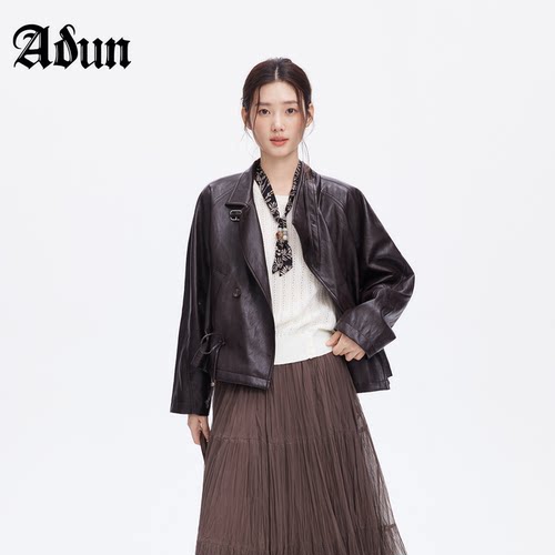 Abun秋季复古机车PU皮衣女