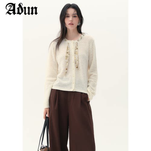 Abun【商场同款】2026秋季新品镂空丝巾针织开衫女休闲舒适