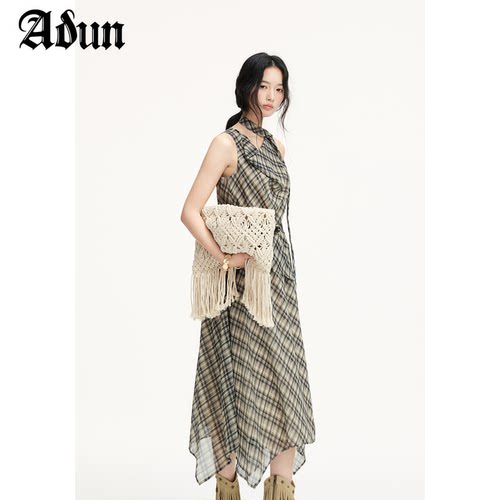 Abun春季新品格纹中长连衣裙