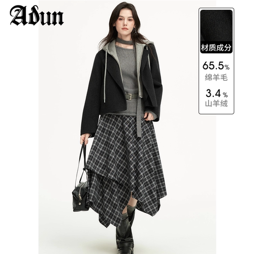 Abun【商场同款】2025年冬季新品假两件毛呢短外套女