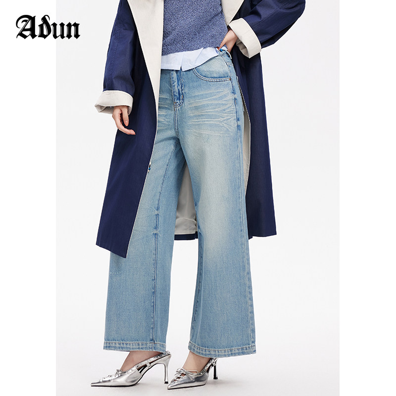 Abun春季新品蓝色直筒阔腿高腰牛仔裤女图片
