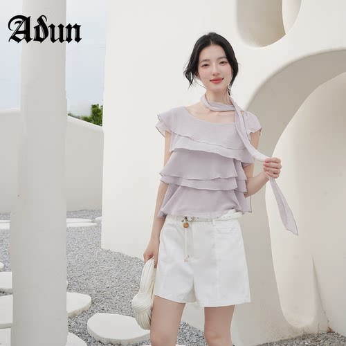 Abun【商场同款】2026年夏季新品韩系温柔风紫色方领荷叶边上衣