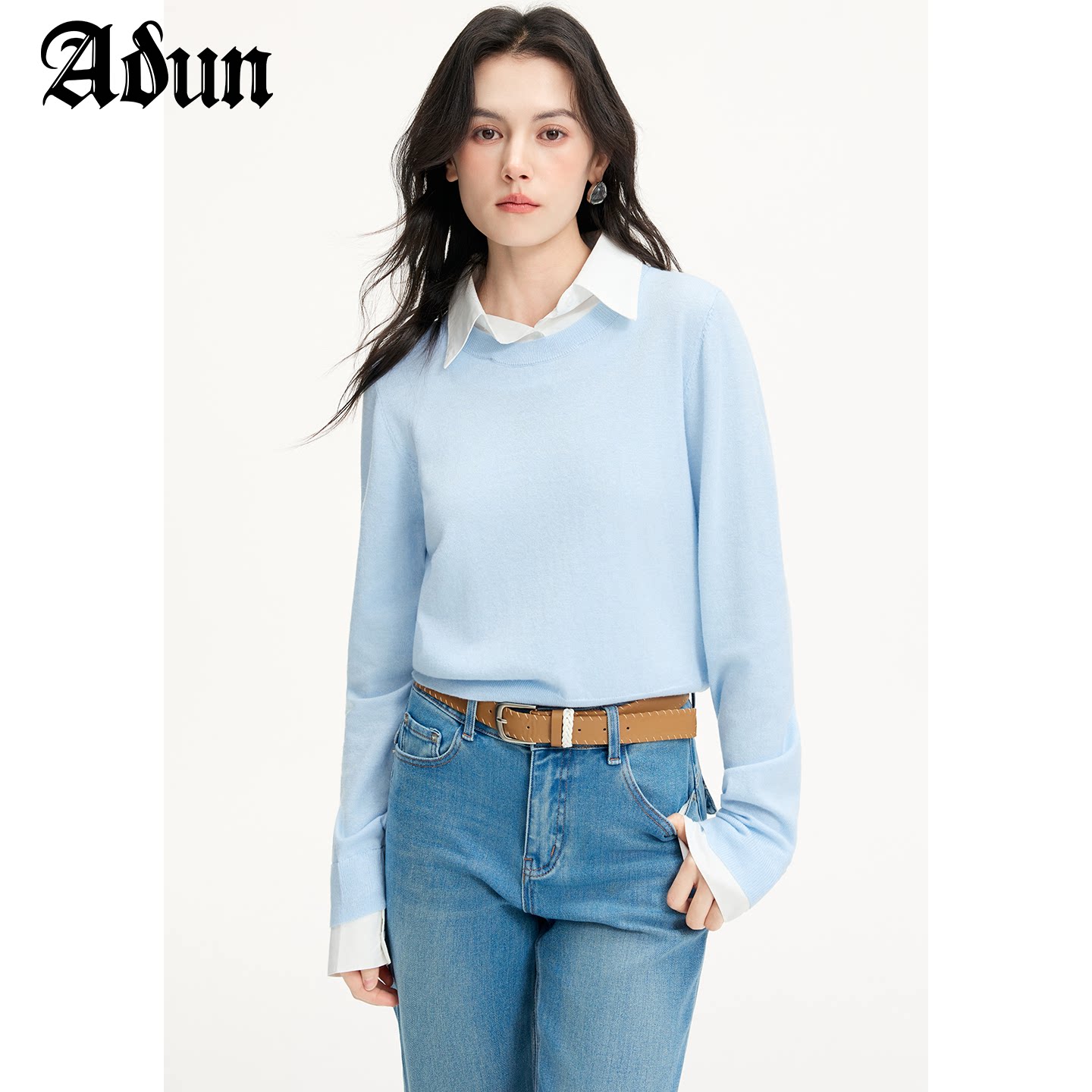 Abun【商场同款】2026年秋季新品衬衫领拼接宽松显瘦针织上衣女图片