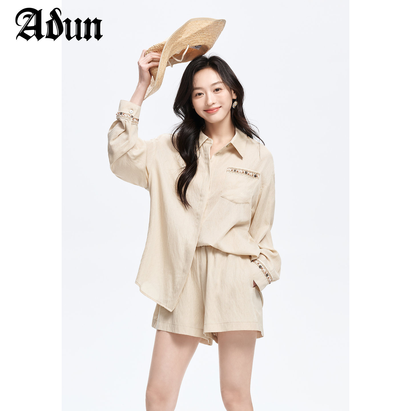 Abun【商场同款】夏季新品薄款编织装饰长袖衬衫短裤套装女