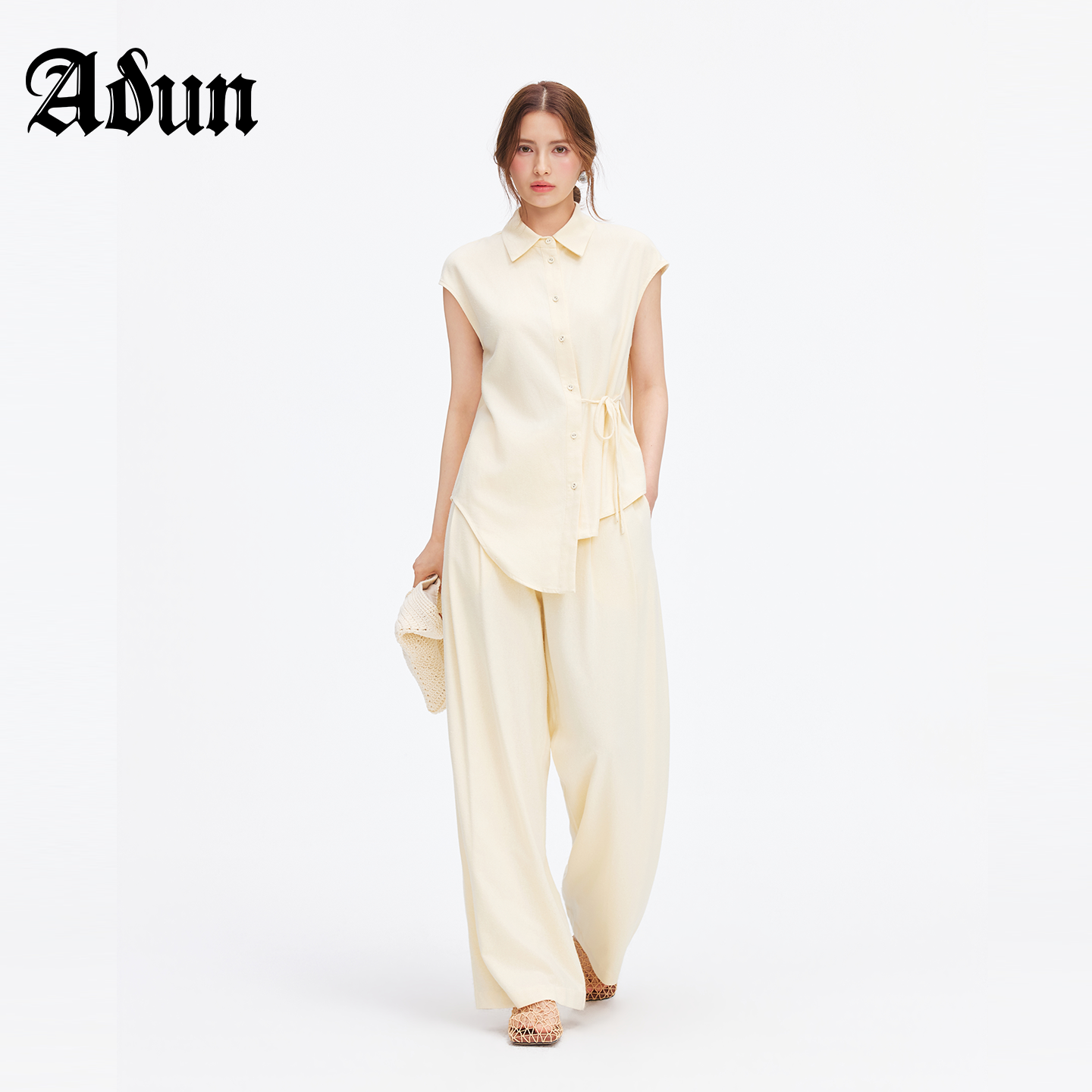 Abun【商场同款】2026年夏季新品法式慵懒风浅黄色高腰阔腿裤女