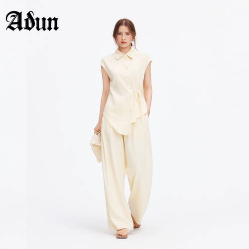 Abun【商场同款】2026年夏季新品法式慵懒风浅黄色高腰阔腿裤女