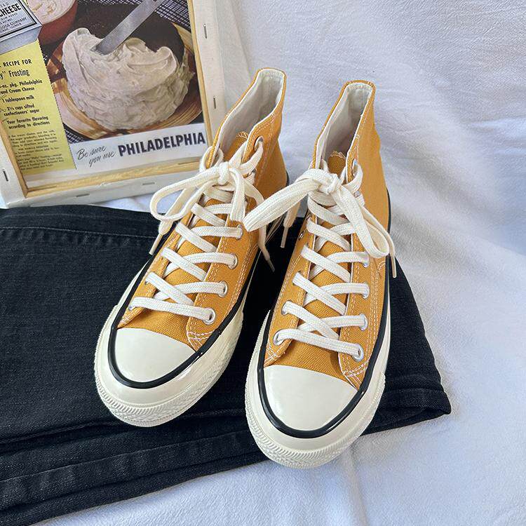 2026新款姜黄色高帮帆布鞋男原宿风男女款布鞋时尚系带休闲板鞋潮