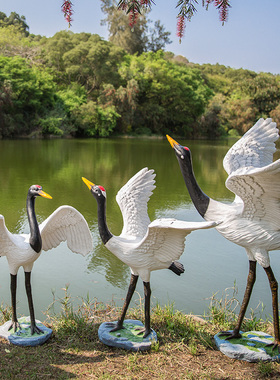 假山鱼池造景仿真丹顶鹤雕塑摆件