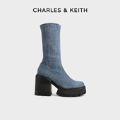 CHARLES&KEITH秋冬女靴CK1 90360405厚底侧拉链弹力靴瘦瘦靴女