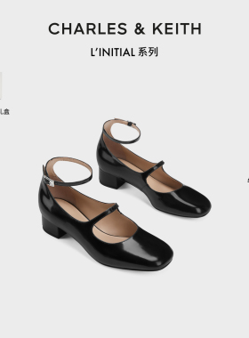 CHARLES&KEITH24春新款SL1-61900029方头一字带牛皮粗跟玛丽珍鞋