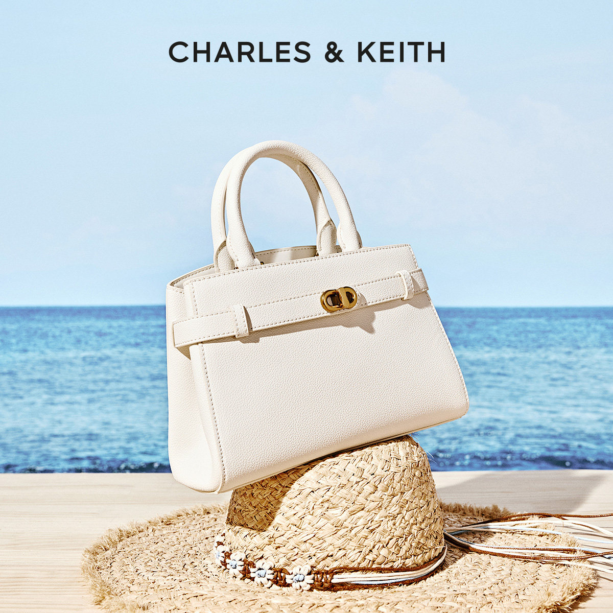 CHARLES＆KEITH春季女包CK2-50160102中号金属扣带饰手提凯莉包女