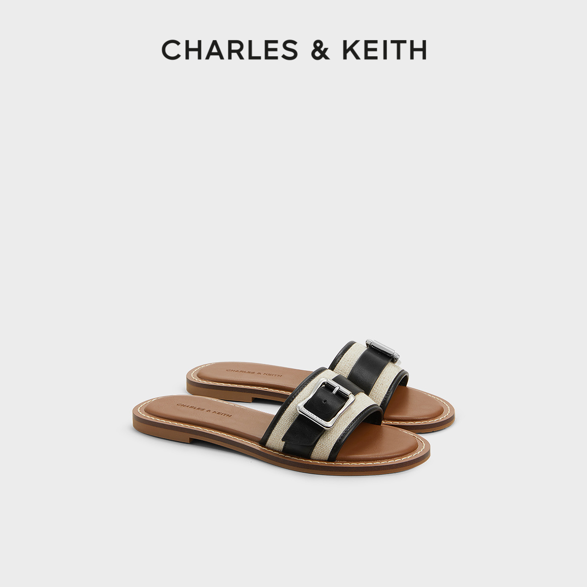 CHARLES&KEITH24夏新款CK1-70580230金属扣饰平底一字拖鞋外穿女