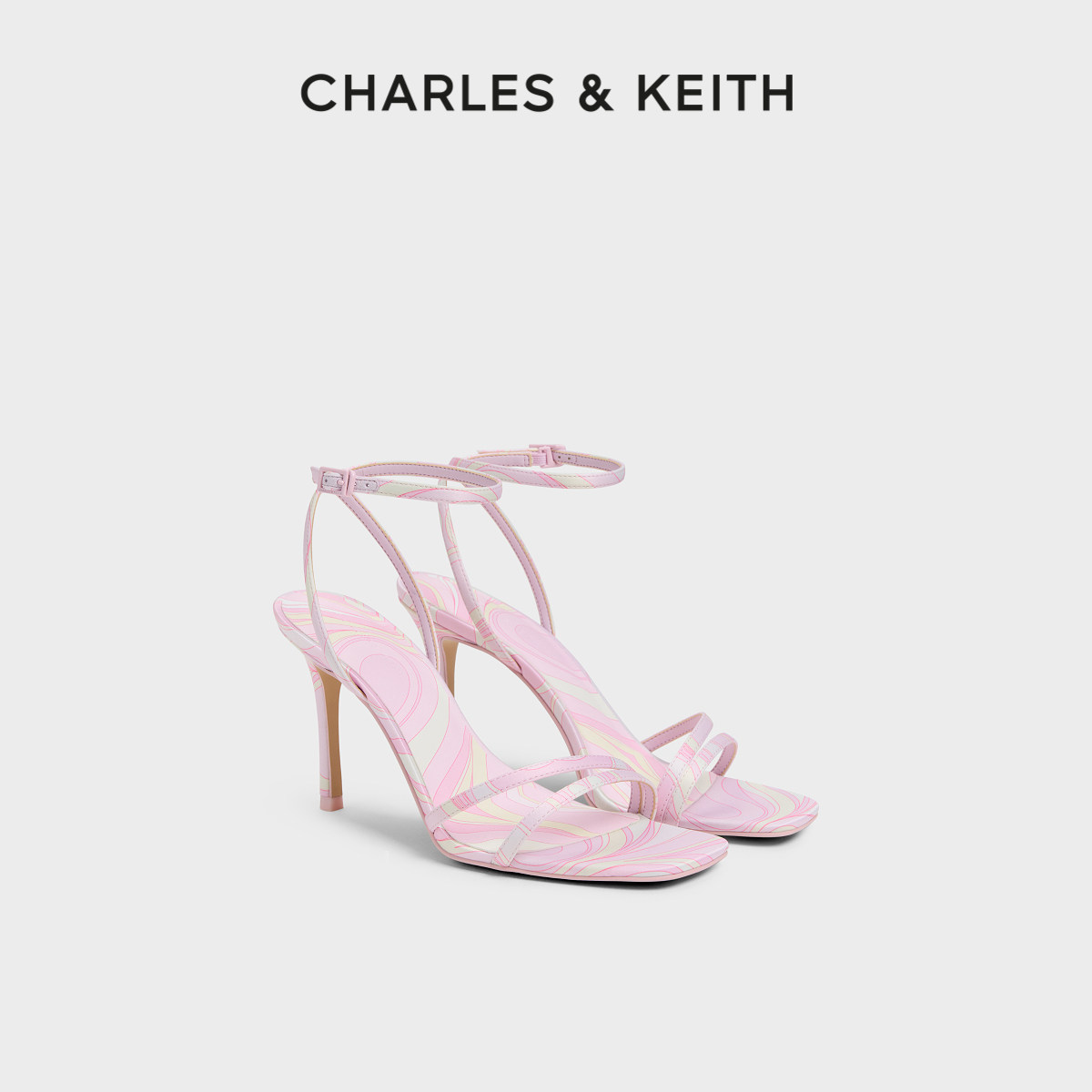 CHARLES&KEITH26夏新款CK1-60280423-1缎面花纹细条带高跟鞋凉鞋