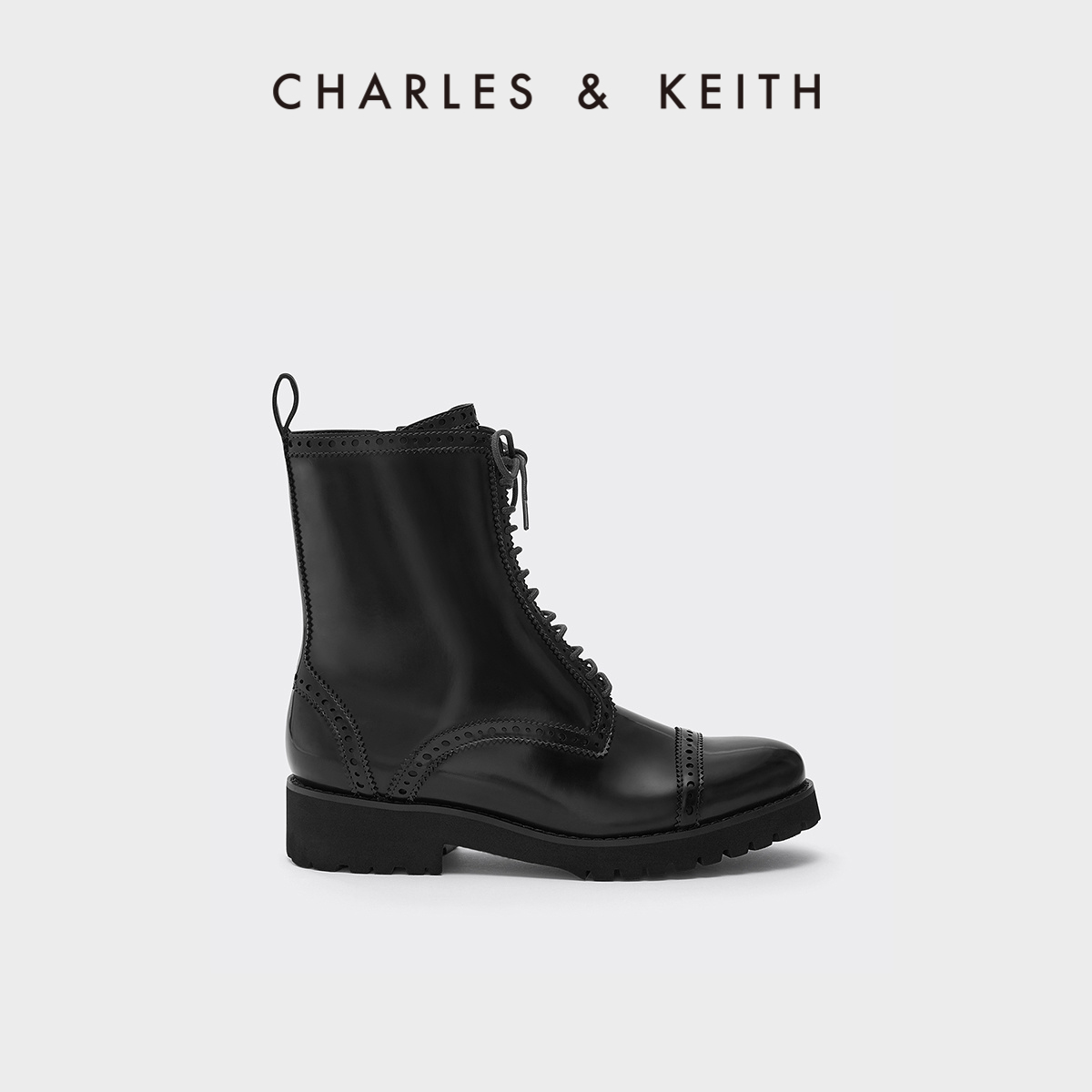 CHARLES＆KEITH秋冬女鞋CK1-90580123女士压纹系带中跟马丁靴女靴