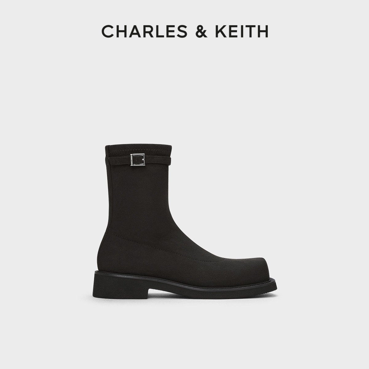 CHARLES&KEITH春季女靴CK1-90380146方头加绒拉链粗跟短靴女