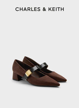 CHARLES&KEITH秋冬女鞋CK1-60361543尖头绒面粗跟玛丽珍鞋女