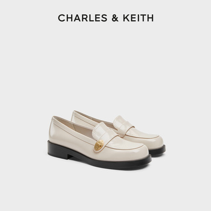 CHARLES&KEITH24春新款CK1-70920143复古金属扣粗跟乐福鞋小皮鞋