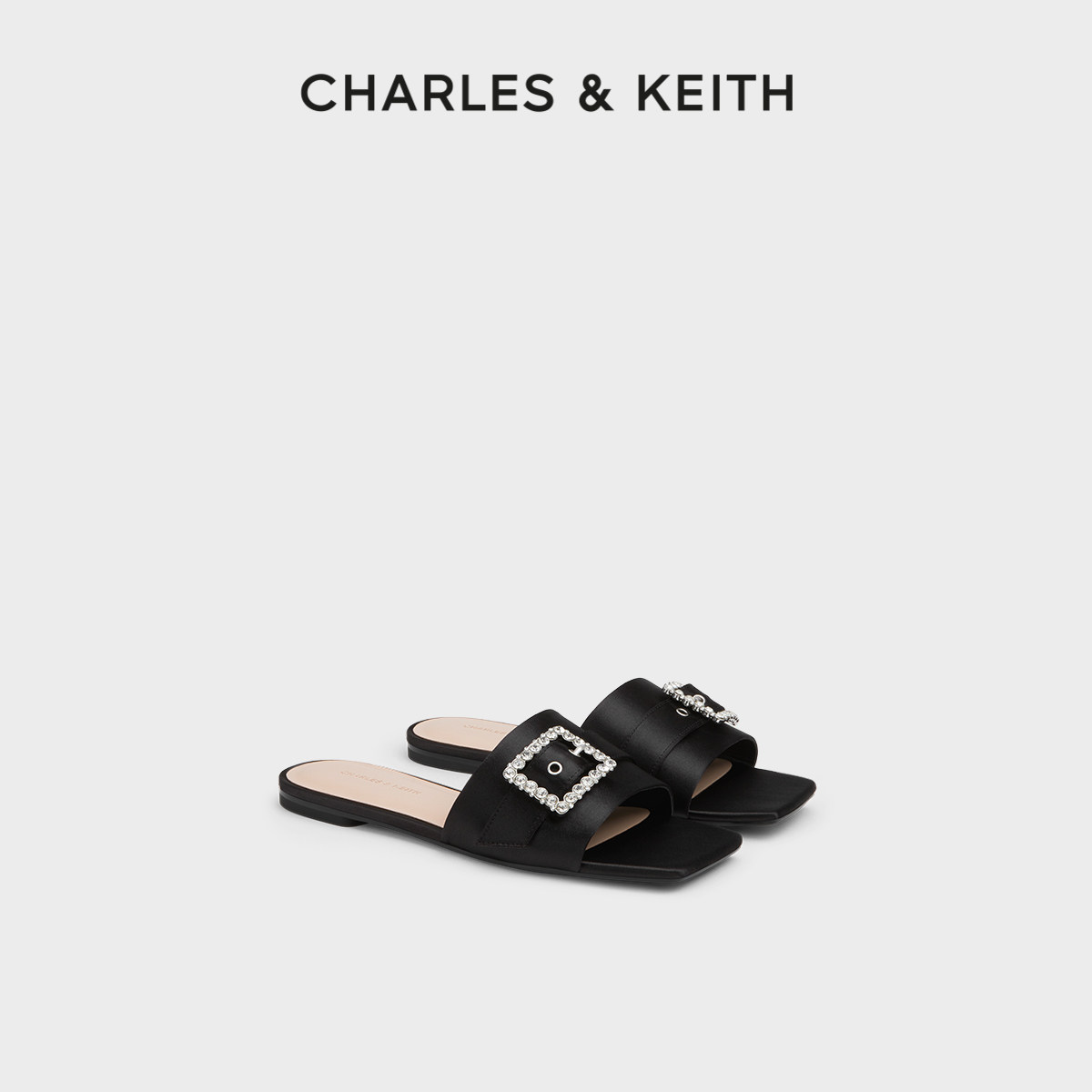 CHARLES&KEITH夏季女鞋CK1-70381116亮钻方扣平底露趾一字拖鞋