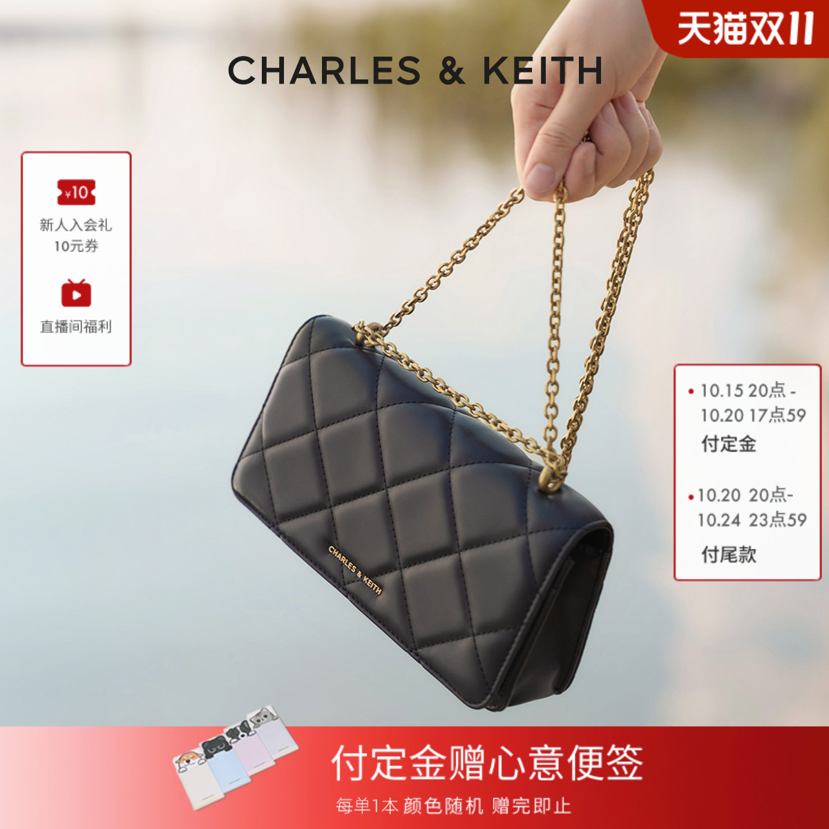 CHARLES＆KEITH油画菱格链条包