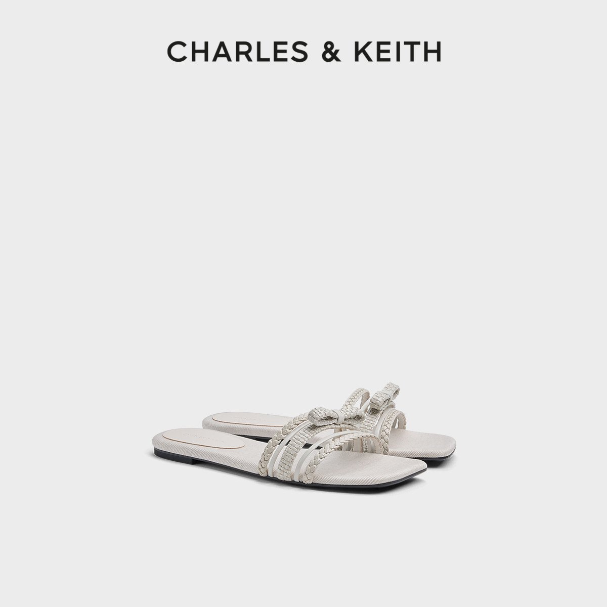 CHARLES&KEITH26夏新款CK1-70381222蝴蝶结方头平底编织拖鞋凉鞋
