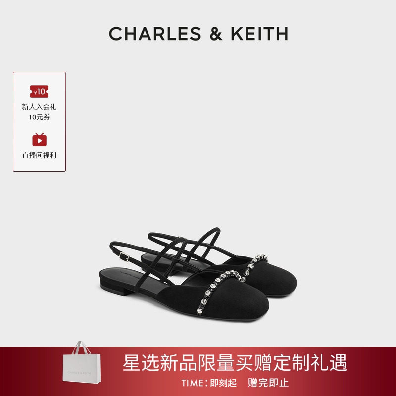 CHARLES&KEITH26秋新款CK1-70920232一字带闪钻时尚凉鞋玛丽珍鞋