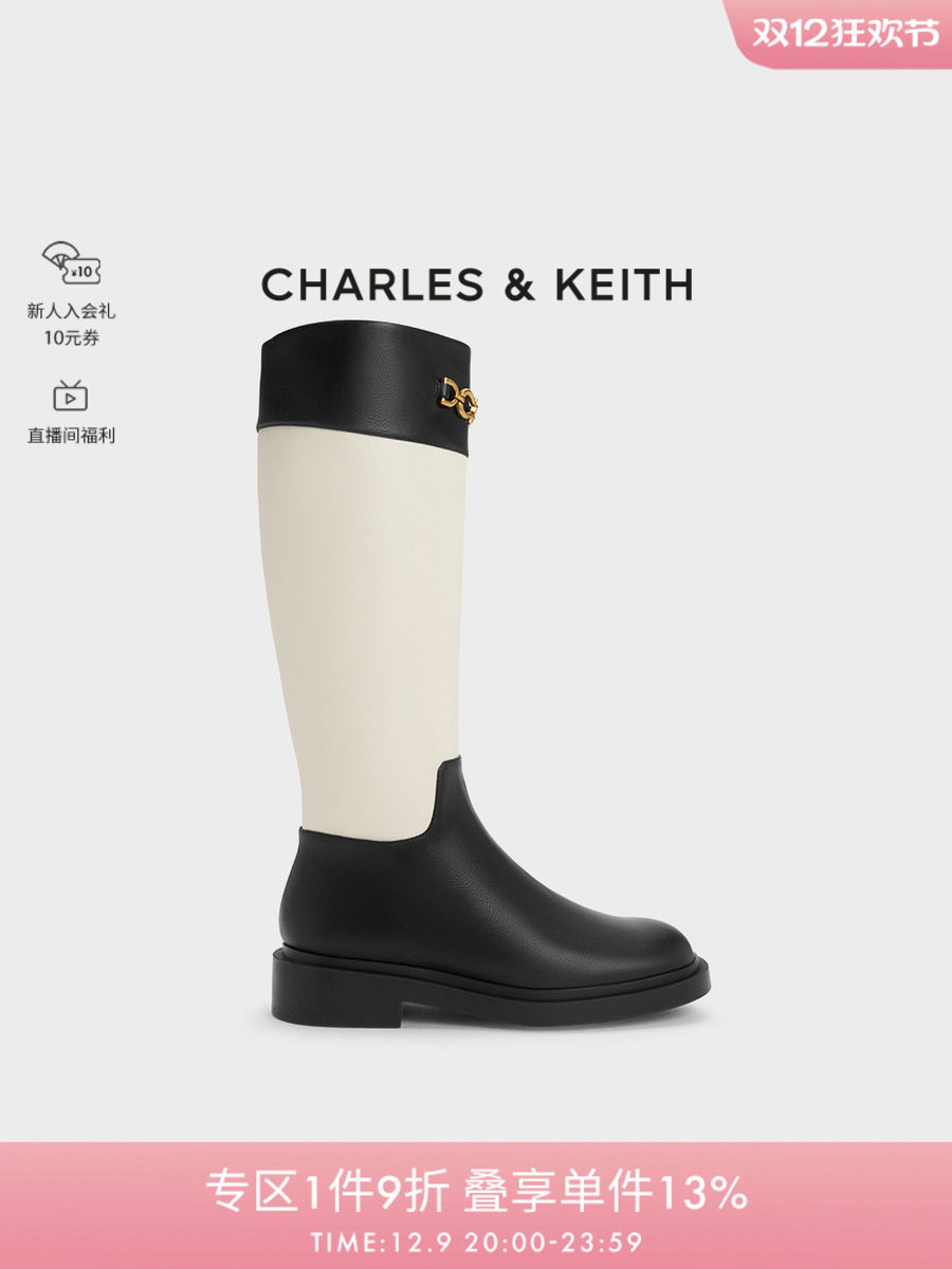 CHARLES&KEITH 가을 겨울 여성 부츠 CK1-90580171 여성용 레트로 메탈 지퍼 하이 부츠
