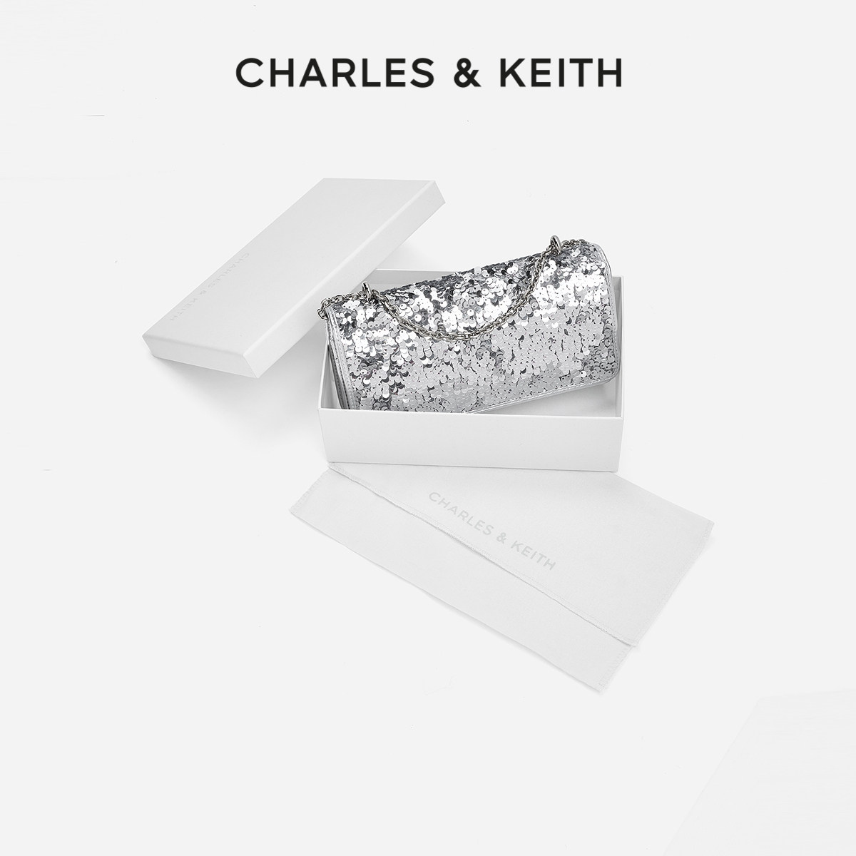 CHARLES&amp;KEITH春季女包CK6-10680924-A时尚亮片链条小方包斜挎包