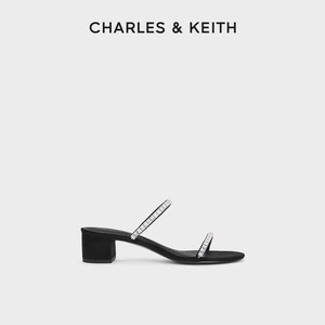 CHARLES&KEITH24春新款CK1-60920360法式水钻粗跟一字带凉鞋拖鞋
